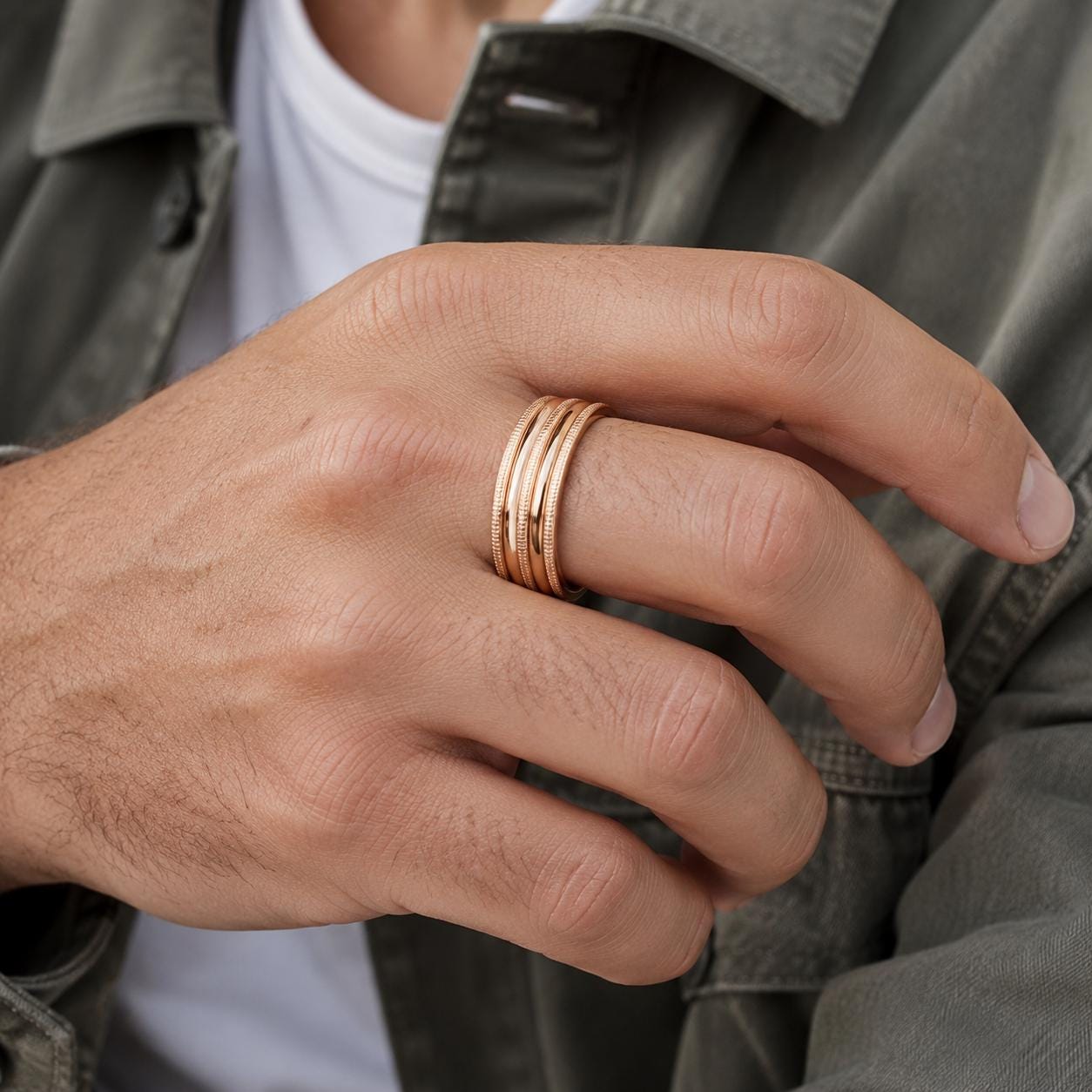 A close-up of a person's hand wearing a gold ring on the ring finger.