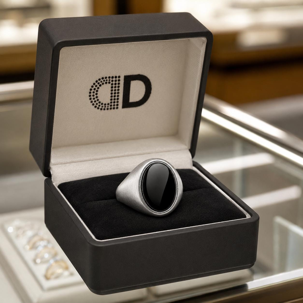A black and silver ring is displayed in a black jewelry box with a white interior, placed on a glass countertop.