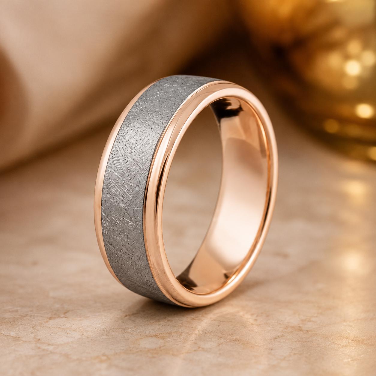 A gold-toned ring with a gray metallic band is displayed on a marble surface, with a blurred golden background.