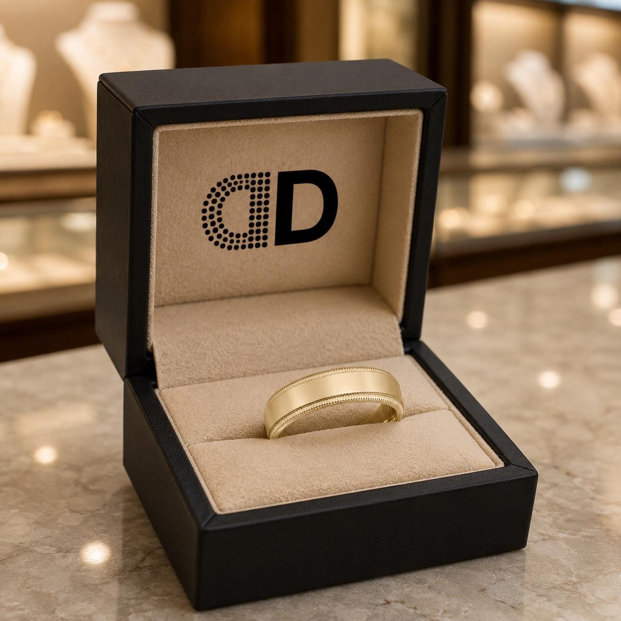 A gold wedding band is displayed in a black jewelry box with the letters "CD" printed on it.