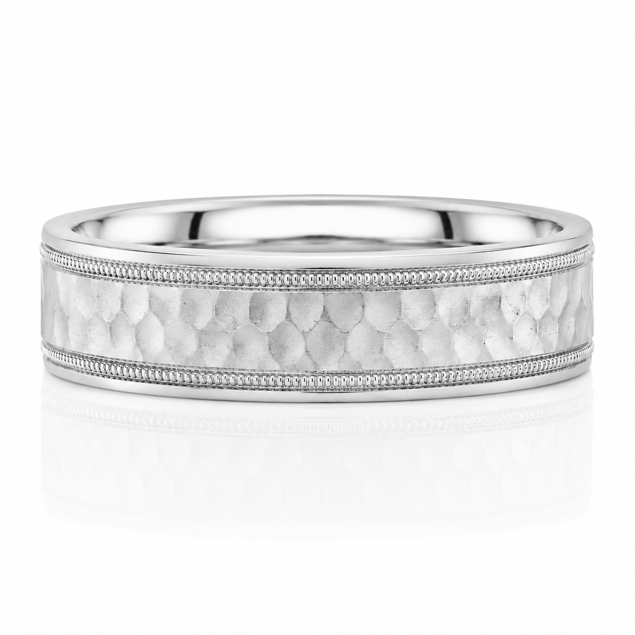 A silver-colored band with a textured surface and a row of small diamonds along the edge.