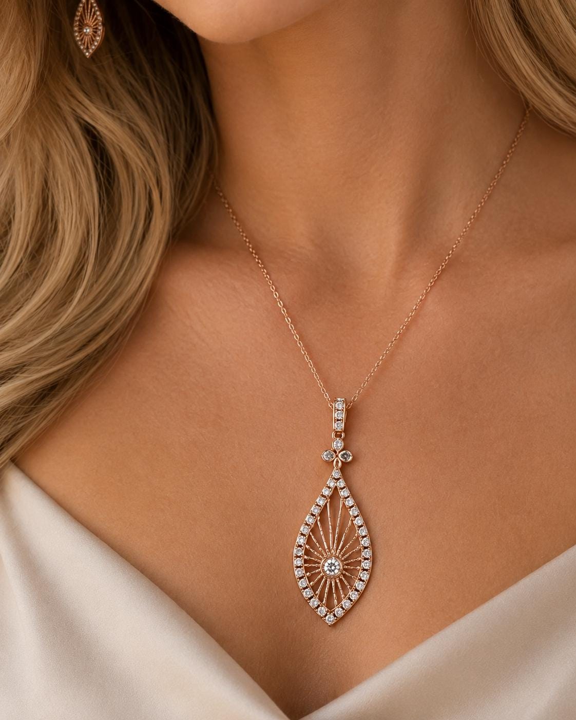 A close-up of a woman's neck and chest wearing a delicate gold necklace with a large, intricately designed pendant.