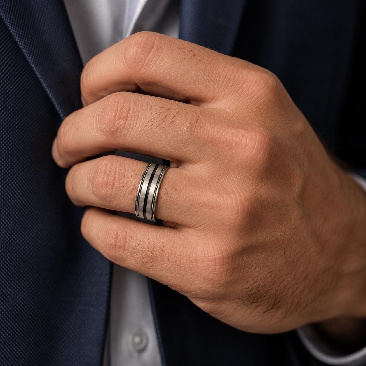 A close-up of a person's hand wearing a ring, with a suit jacket visible in the background.