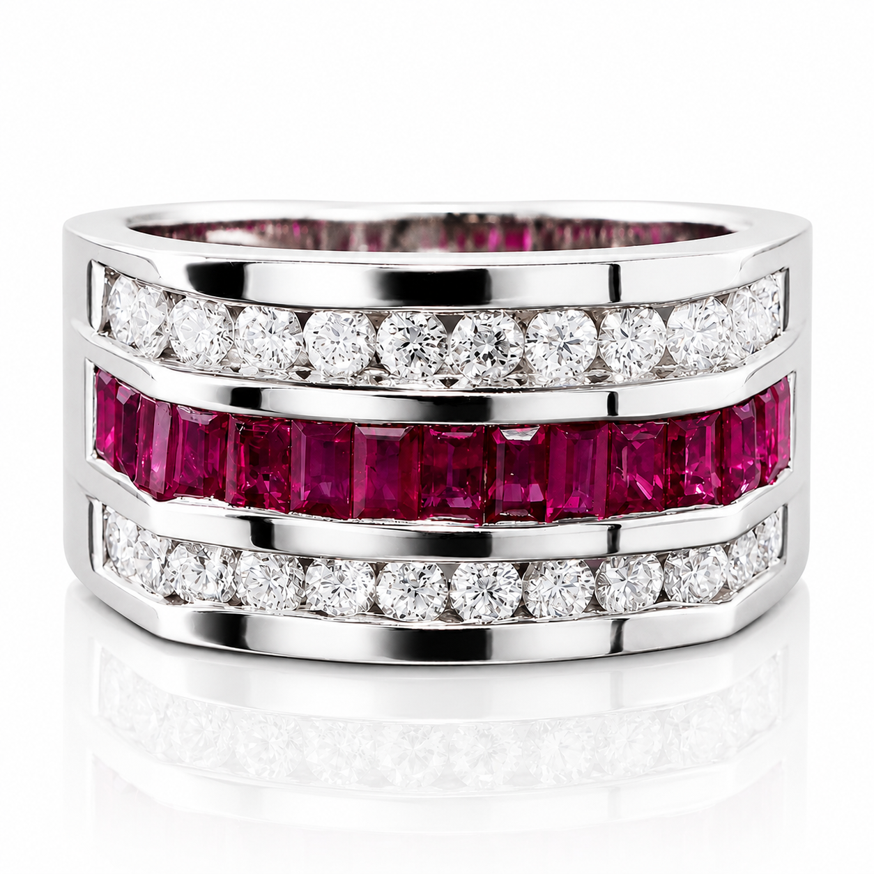 A silver ring with a row of diamonds and a row of red gemstones.