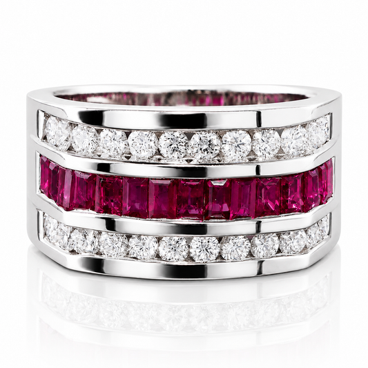 A silver ring with a row of diamonds and a row of red gemstones.