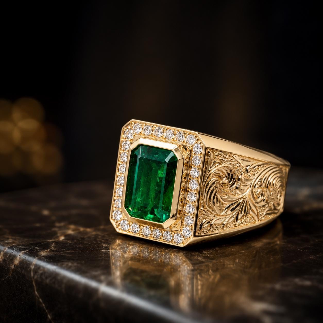 A gold ring with a large, vibrant green gemstone set in the center, surrounded by smaller diamonds.